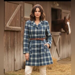 Vintage Pendleton Wool Plaid Coat Women’s S M 6 8 Blue Green USA Made Belted